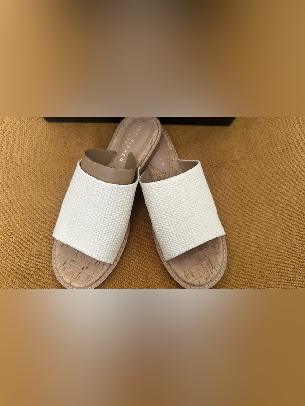 Marc Fisher White Woven Slide Sandals with Tan Footbed